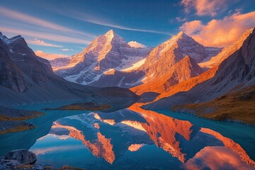 Obraz premium Breathtaking Sunrise Over Majestic Mountains with Colorful Lakes and Sparkling Reflections