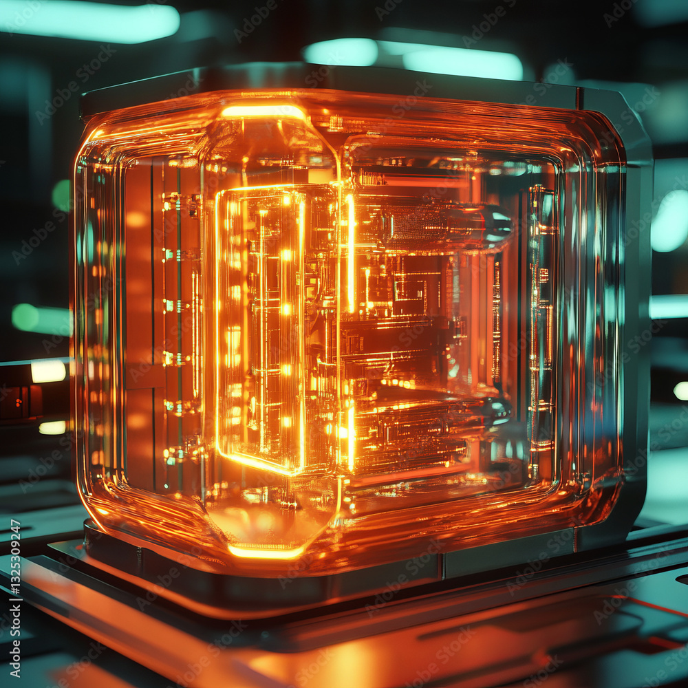 Poster glowing orange technological cube with intricate internal structure on a dark metallic surface
