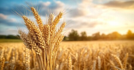 Fototapeta premium Golden Wheat Field Under a Dramatic Sky with Sunlight Shining Through Clouds at Sunset