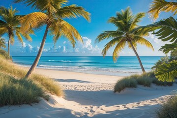 Fototapeta na wymiar Coastal Bliss with Sunny Beaches Blue Skies and Tropical Palm Trees for an Ideal Summer Getaway