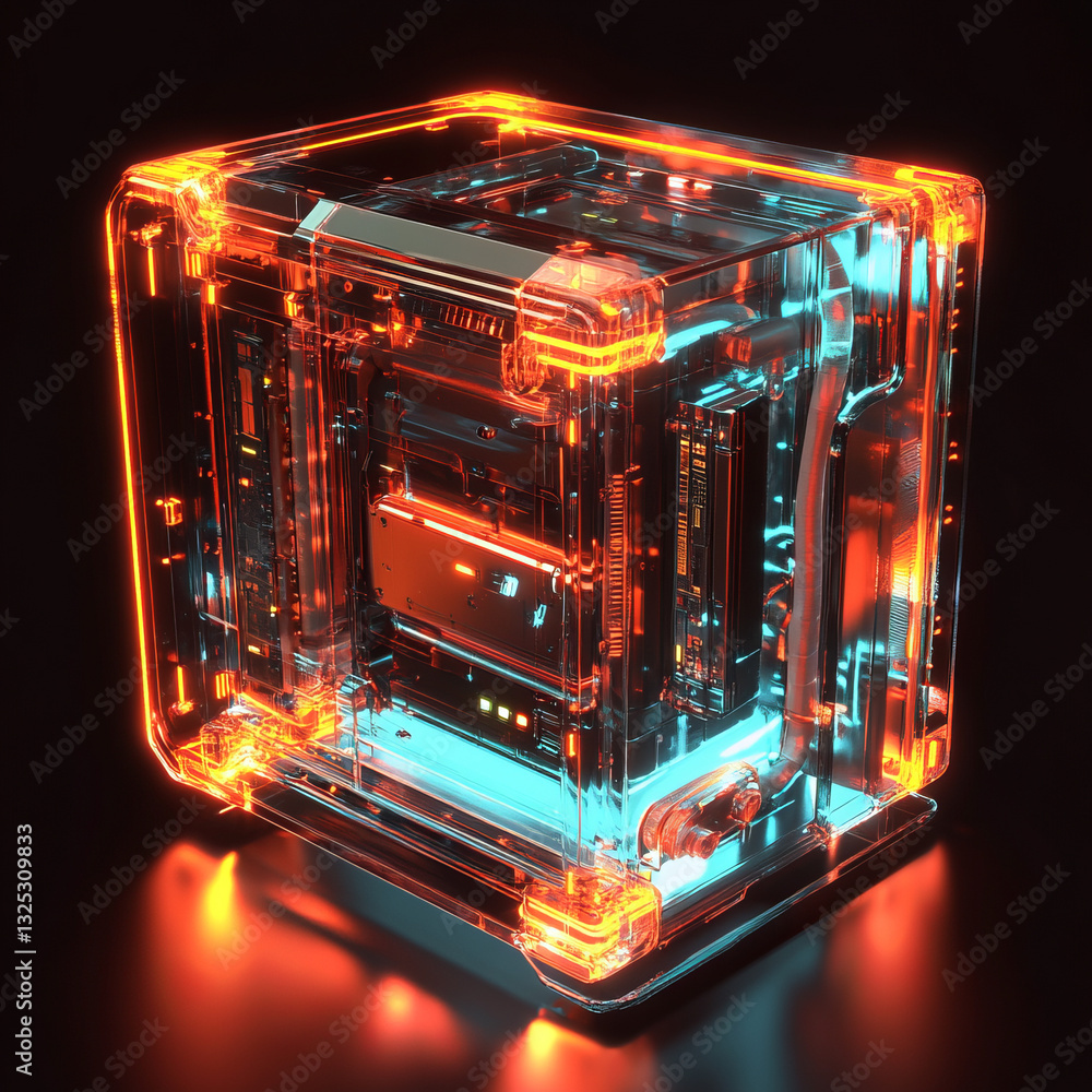 Poster transparent cube with glowing orange and teal components in a futuristic dark setting