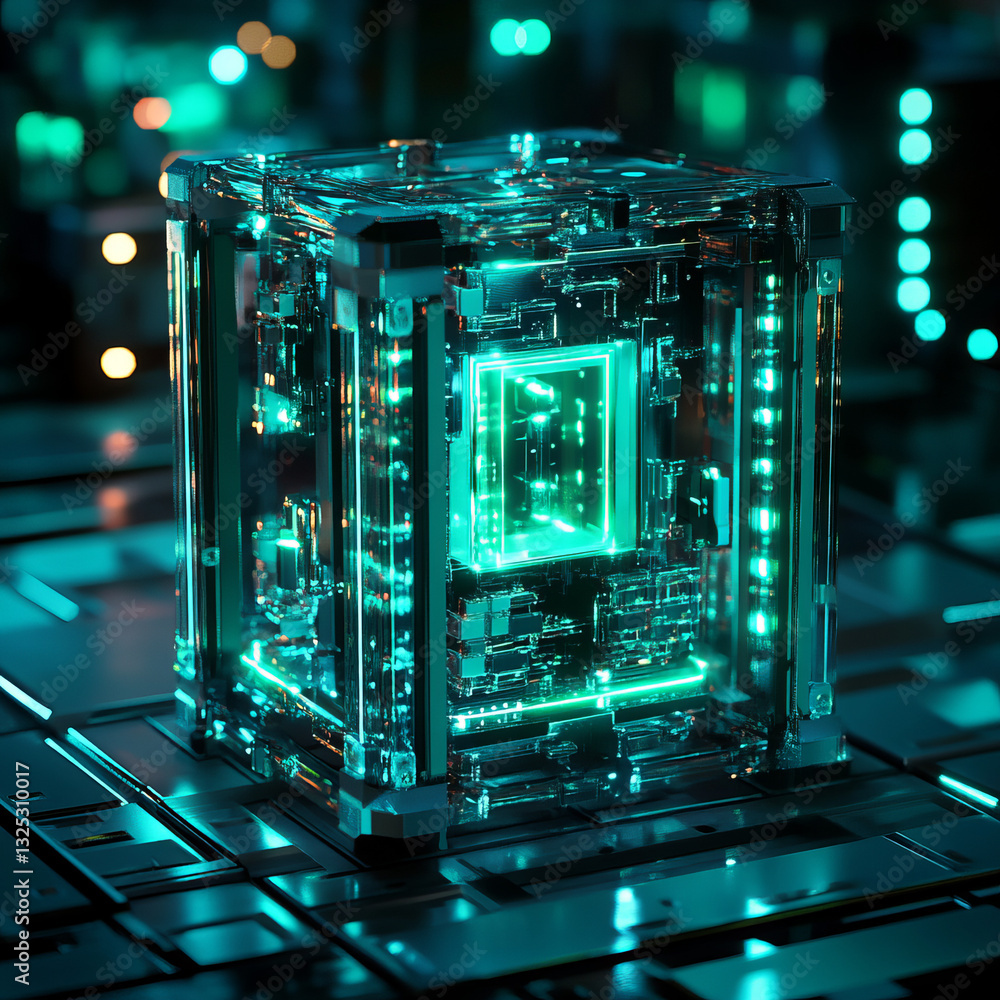 Poster futuristic transparent cube with intricate teal-lit circuitry on a dark metallic surface