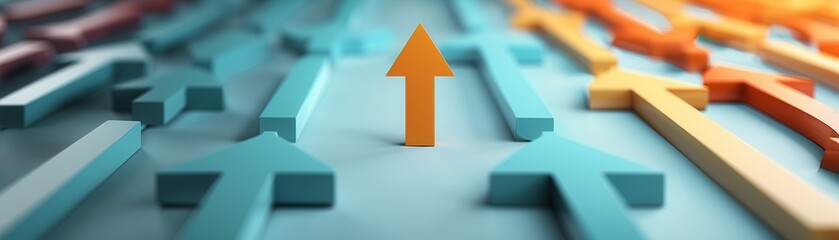 collection of colorful arrows pointing upwards, symbolizing growth and progress. central orange arrow stands out among blue and yellow arrows, emphasizing leadership and direction