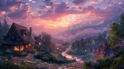 A Serene Landscape Depicting Village Homes At Sunset