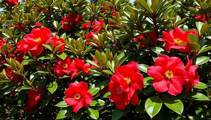 Crimson Camellia japonica blooms, vibrant against glossy evergreen foliage in a sun-drenched arboretum, horticulture, red camellia