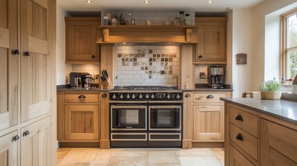 A Traditional Kitchen: Oak Cabinets Range Stove and Tile Backsplash 