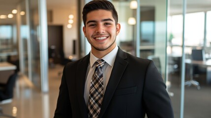 Young Businessman in Suit & Tie Smiling in Modern Glass Office 