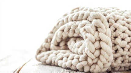 Cozy Knitted Blanket on Wooden Surface - A Warm and Inviting Scene Perfect for Home Decor, Comfort, and Relaxation with Natural Textures and Earthy Tones.