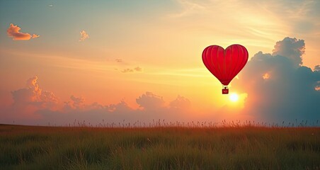 Fototapeta premium Heart Shaped Hot Air Balloon Sunset Romance Travel Love