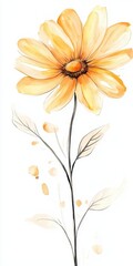 Fototapeta premium Delicate Yellow Watercolor Flower with Black Stem on White