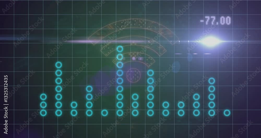 Poster digital sound wave animation with glowing blue dots and numeric display