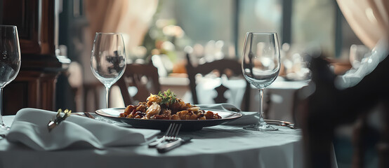 Fine Dining Scene: A delectable dish presented on a meticulously set table in a sophisticated, sunlit dining area, creating an ambiance of culinary elegance and anticipation.