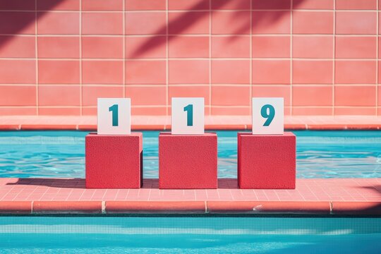 Three blocks with numbers are beside a swimming pool - Powered by Adobe