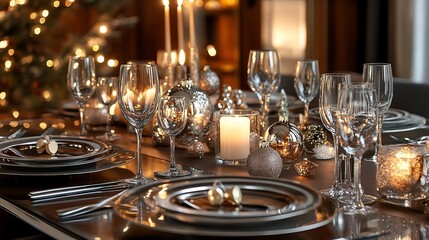 Elegant holiday dining room setup A sophisticated dining space with holiday themed tableware and candles