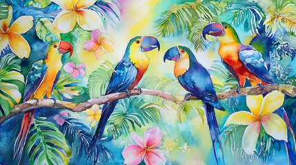 Vibrant Tropical Birds in Detailed Watercolor
