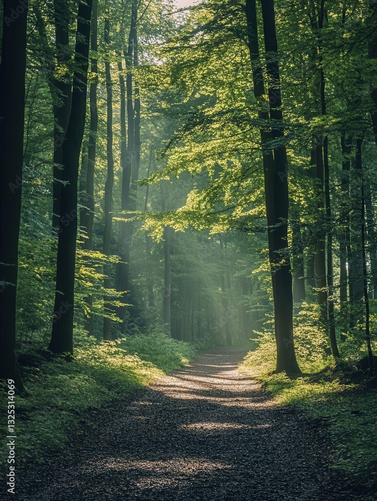 Poster Forest path invites adventure with sunlight filtering through tall trees in a serene green environment