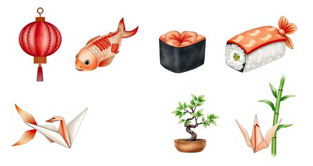 Asian Culture Icons Koi Fish Sushi Origami Lantern Bonsai Bamboo