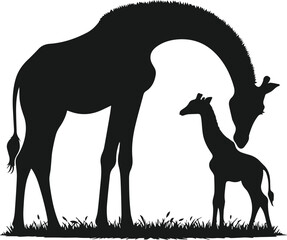 giraffe with a baby giraffe silhouette vector