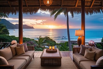 Obraz premium Serene Coastal Lodge for Ultimate Relaxation with Stunning Ocean Sunset Views and Peaceful Atmosphere