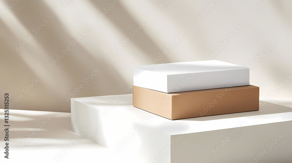 Poster minimalist product display: clean, modern product display with geometric shapes and soft shadows, pe