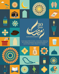 Ramadan Kareem vector illustration featuring Islamic elements, icons, and geometric patterns