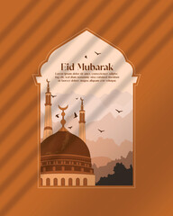 Minimalist and aesthetic Eid Mubarak Mosque Illustration poster.