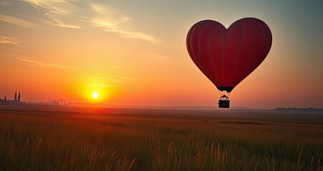 Fototapeta premium Heart Shaped Hot Air Balloon Sunrise Landscape