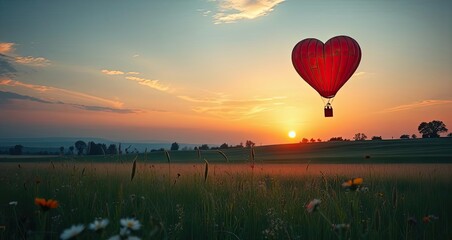 Fototapeta premium Heart Shaped Hot Air Balloon Sunset Flight over Field