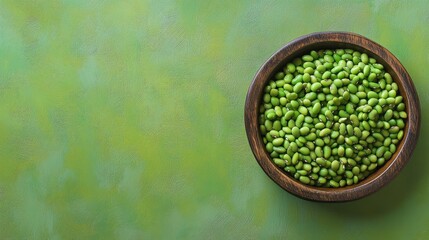 Present a top view of edamame beans in a wooden bowl, arranged in a flat lay style, set against a solid green background that highlights the freshness and vibrant green color of this healthy snack