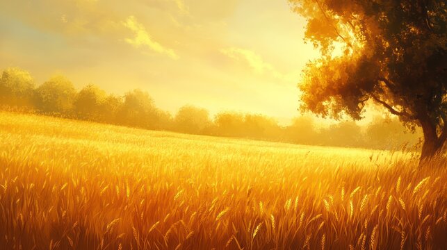 A golden wheat field glows under a warm and sunny sky
