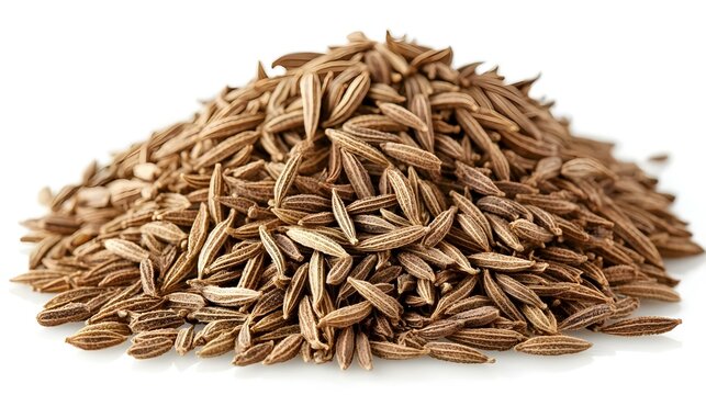 Pile of cumin seeds isolated on white