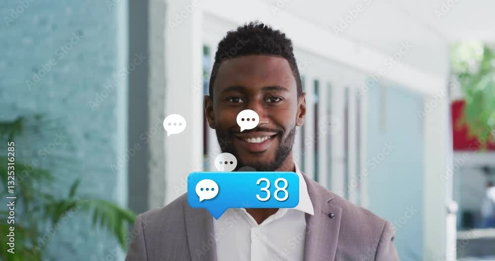 Poster Receiving multiple chat notifications, man in office smiling at animation on screen