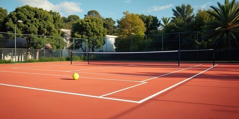 Fototapeta premium Outdoor Tennis Court with Green Ball Sunny Day Sports Recreation