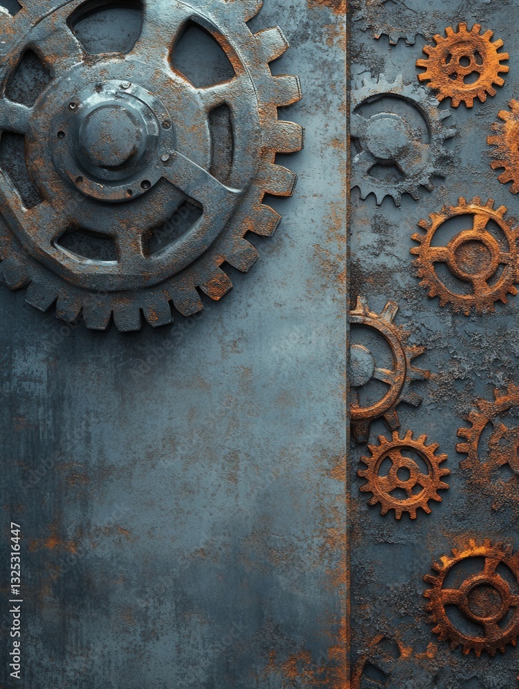 Aufkleber industrial backdrop with gear patterns in gray and rust tones, featuring large gear and metallic gra