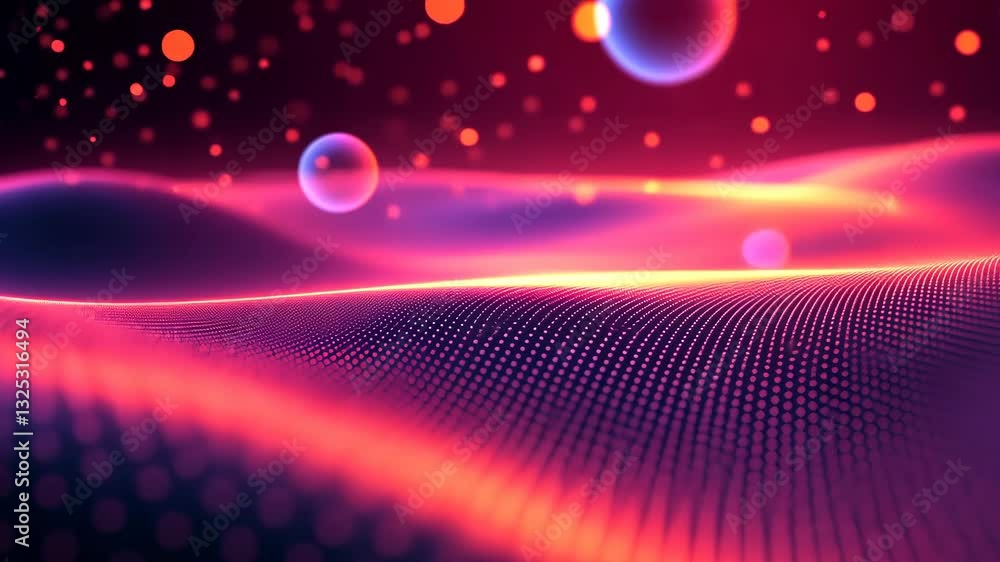 Poster mesmerizing digital waves and floating spheres in vibrant abstract motion