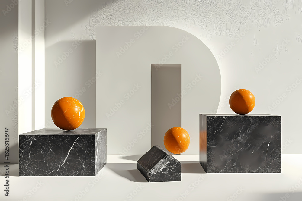Poster geometric harmony: an abstract composition featuring vibrant orange spheres and angular black marble