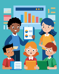 Fototapeta premium Elementary students learning how to use spreadsheets and create graphs to analyze data.. Vector illustration