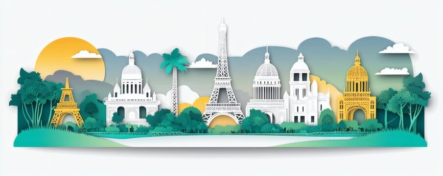 A colorful paper cut out design of a city skyline scene - Powered by Adobe