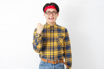 アキバ系の男性　ガッツポーズ　白背景