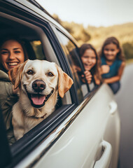 joyful family and their happy dog are on road trip together, enjoying scenic views from inside their car and looking out window with excitement