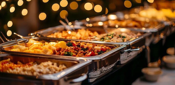 A Culinary Spread: a lavish buffet table showcasing a diverse array of delectable dishes, with a soft-focused backdrop of ambient light, hinting at an event or celebration.