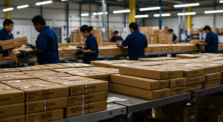 Busy warehouse workers packing cardboard boxes efficiently for shipment job staff order chain cargo