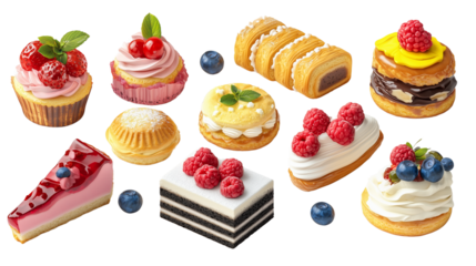 Delicious Assorted Cakes Cupcakes and Pastries with Berries and Cream