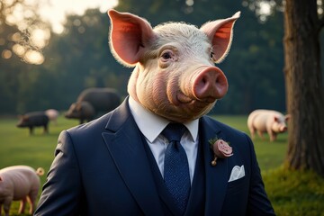 Pig in Formal Suit, Surreal Anthropomorphic Art