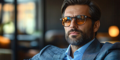 Obraz premium Businessman in sunglasses modern office portrait professional atmosphere close-up confidence