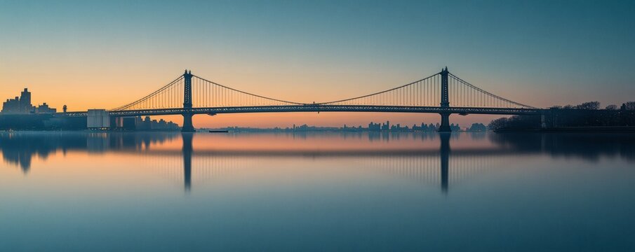 A long suspension bridge reflects beautifully upon the water