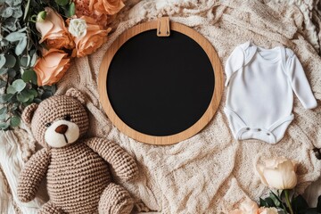 A baby bodysuit teddy bear and flowers laid on soft blanket