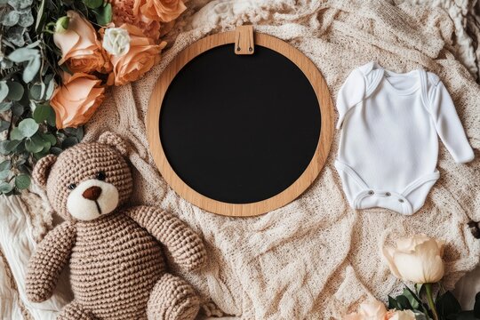 A baby bodysuit teddy bear and flowers laid on soft blanket