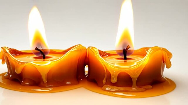 Two glowing candles casting warm light, melting wax, a symbol of peace and memories