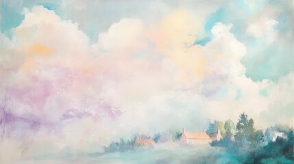An impressionistic painting showcasing dreamy sky and countryside houses